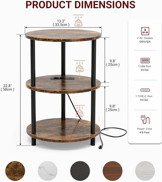 Small Round End Table - 3 Tier Design Accent Table, Narrow Side or Bedside Stand, Industrial Vintage Table for Small Spaces, Built-in USB Ports and Power Outlet, Rustic Brown
