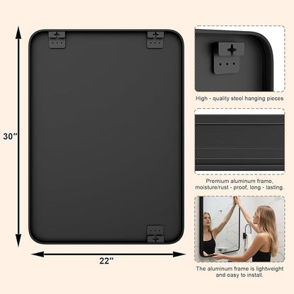 22"×30" Bathroom Mirror for Wall, Modern Bathroom Vanity Mirror, Black Bathroom Mirrors for Over Sink with Metal Framed HD Tempered Glass Hangs Horizontally or Vertically