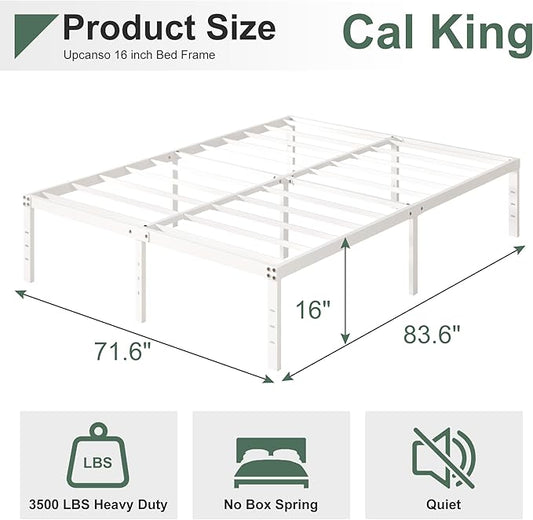 16 Inch White California King Bed Frames No Box Spring Need, Platform Cal King Bed Frame with High Storage, Eassy Assembly 3,500 lbs Heavy Duty Bedframes