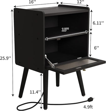 Mid Century Modern Nightstand with Charging Station, Bedside Tables with Glass Decorative Door, End Table Side Table with 2 Tiers Storage Space, for Bedroom, Living Room, Black