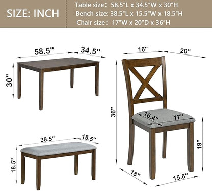 soges 6 Piece Kitchen Dining Set, Rectangular Wooden Dining Table with 4 Upholstered Chairs and a Bench, Dining Table Set for 6 People, Living Room, Home Bar and Kitchen, Walnut