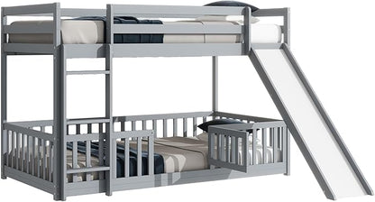 Ball & Cast Bunk Bed Twin Over Twin with Storage Staircase & Slide,Pine Solid Wood Bunk Bed Frame with Safety Guardrails,Floor Bunk Beds for Kids,Teens,No Box Spring Needed,Grey