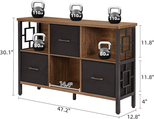 HOMISSUE 6 Cube Storage Organizer Shelf, Rustic Short Bookshelf with 3 Storage Bins, Industrial Horizontal Bookshelf with Metal Frame, Low and Wide Cube Bookcase for Living Room and Office, Brown