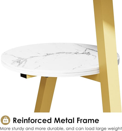 BEWISHOME Round End Table Marble Side Table with Metal Frame, Small Nightstand with 3-Tier Shelves, Night Stand for Living Room Bedroom Tall Gold White Stand KTZ41J