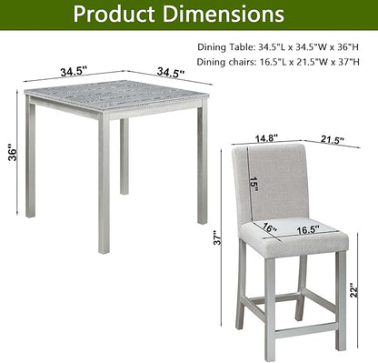 KEIKI 5-Piece Counter Height Dining Table Set with Square Table and 4 Upholstered Chair, for 4 Person, Classic Crystal Decoration Wooden Table Set, Easy Assembly, for Kitchen, Dining Room, Silver Grey