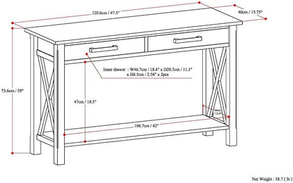 SIMPLIHOME Kitchener Console Table - 47 Inch Wide Solid Wood Sofa Table in Farmhouse Grey, Contemporary Storage Table for Entryway or Living Room with 2 Drawers, Bottom Shelf, and X-Design Side Panels