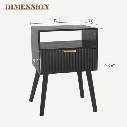 Black Nightstand, Modern Bedside Table with Fluted Drawers, Small Night Stand with Storage and Solid Wood Legs for Bedroom, Dorm and Small Space (Black)