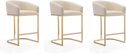 Manhattan Comfort Louvre 26 Inch Mid Century Modern Counter Height Bar Stools - Elegant Faux Leather Padded Seat, Stainless Steel Base with Footrest, Fully Assembled Barstools, Set of 3, Cream