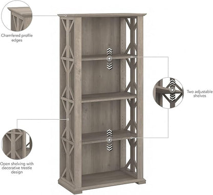 Bush Furniture Homestead 4 Shelf Farmhouse Bookcase in Driftwood Gray, Vertical Office Organizer, Home Shelving Unit for Books and Decor, Bookshelf