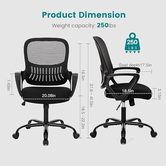 SMUG Home Office Computer Desk Chair - Ergonomic Mid-Back Mesh Swivel Rolling Work with Wheels, Comfy Lumbar Support and Armrest, for Bedroom, Study, Dorm, Student, Adults