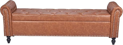 VEVOR Button-Tufted Storage Ottoman Bench, Rolled Arm PU Leather Bench with Solid Wood Legs, Modern Shoe Benches Seat for Entryway, Upholstered End of Bed Benches for Living Room, Dining Room, Brown