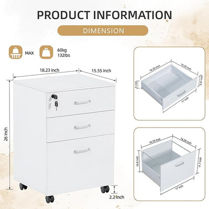 QDSSDECO 3 Drawer Mobile File Cabinet, Rolling Vertical Filing Cabinet fits A4, Legal Paper and Letter Paper for Home Office, White with Lock