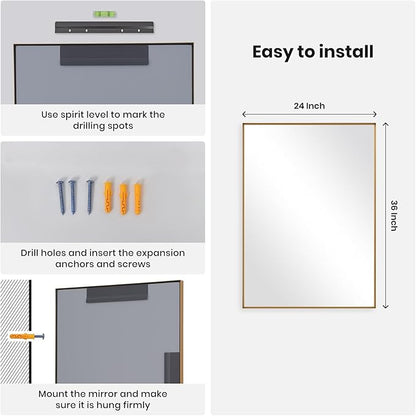 Melodieux Wall Vanity Bathroom Mirror for Over Sink, 24"x36" Rounded Rectangle Metal Deep Frame Wall Mounted Mirror Wall Decor for Living Room Hallway, Gold