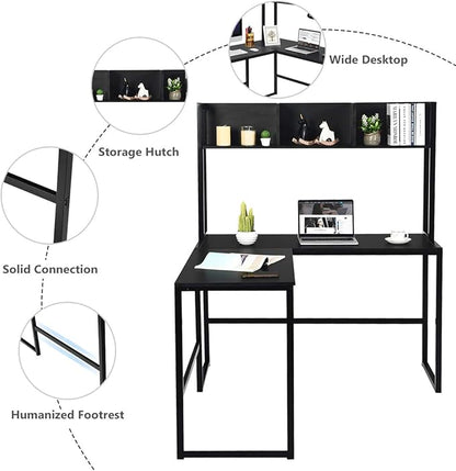 Tangkula Reversible L-Shaped Desk with Hutch, Space Saving Corner Computer Desk with Storage Shelves, Home Office Study Writing Desk Computer Workstation with Storage Bookshelf, Gaming Desk