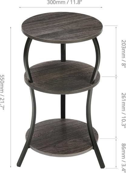 Vintage Small Round Side Table, 3-Tier Slim Waist Circular End Table with Storage Shelf, Compact Tea Sofa Side Table, Round Corner Coffee Table Nightstand for Living Room Bedroom Small Spaces,Grey