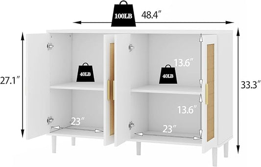 Sideboard - Buffet Cabinet with Storage, Rattan Storage Cabinet with 4 Doors and Adjustable Shelves, Accent Sideboard with Solid Wood Leg for Living Room (White)