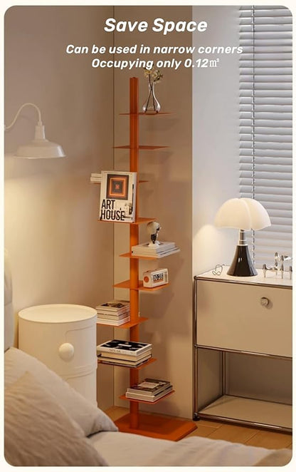 9-Tier Spine Bookshelf Metal Bookcase 5 Colors Vertical Bookshelf Tower Rotating Tall Narrow Bookshelf Ladder Book Rack Indoor (Orange)