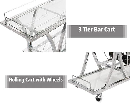 Silver Bar Carts with Glass Holders & Wine Rack,3 Tier Home Bar Serving Carts with Glass Shelves,Metal Rolling Bar Carts for The Home Kitchen, Party