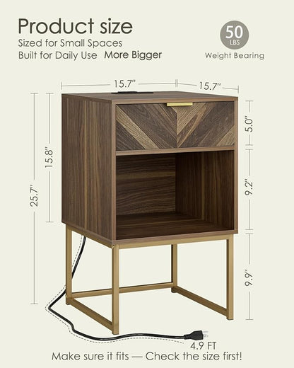 Nightstand with Charging Station,Modern Night Stand Boho Farmhouse Wood Bedside Table with Storage Drawer and Open Shelf,Side End Table for Bedroom,Living Room,Walnut