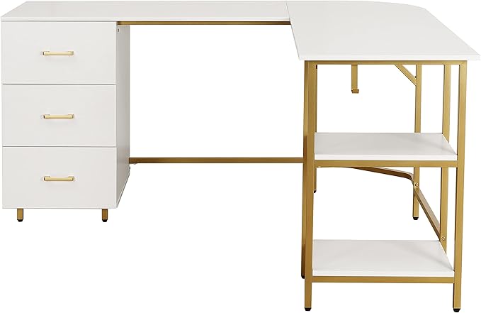 Techni Mobili L Shaped Desk - Two-Toned Computer Desk with Drawers & Storage Shelves - Simple Modern Furniture & Home Office Space Corner Table for Work & Writing