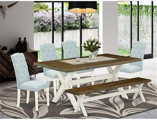 East West Furniture X077CE215-6 6 Piece Dining Table Set Contains a Rectangle Dining Room Table and 4 Baby Blue Linen Fabric Parson Chairs with a Bench, 40x72 Inch, Multi-Color