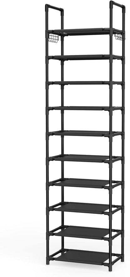 10 Tiers Shoe Rack 20-25 Pairs Large Capacity Tall Shoe Organizer Sturdy Shoe Storage with Two Hooks Metal Narrow Shoe Rack for Closet, Entryway, Bedroom, Black