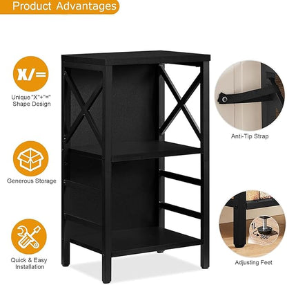 Small Bookshelf,3 Tier Industrial Bookcase with Metal Frame and Backboard,Low Black Book Shelf,Book case for Small Spaces,Living Room,Bedroom and Home Office