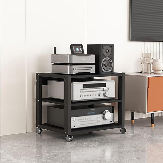 3 Tier Audio Rack Tower, CD Record Player Stereo Receiver AV Equipment Cabinet Display Rack, Weight Capacity 220 lbs, with Adjustable Wooden Shelves for Home (Black, 3tier)