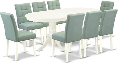 East West Furniture VAAS9-LWH-43 9 Piece Dining Room Set Includes A Wooden Dining Table and 8 Willow Green Polyester Fabric Parsons Chairs, Linen White