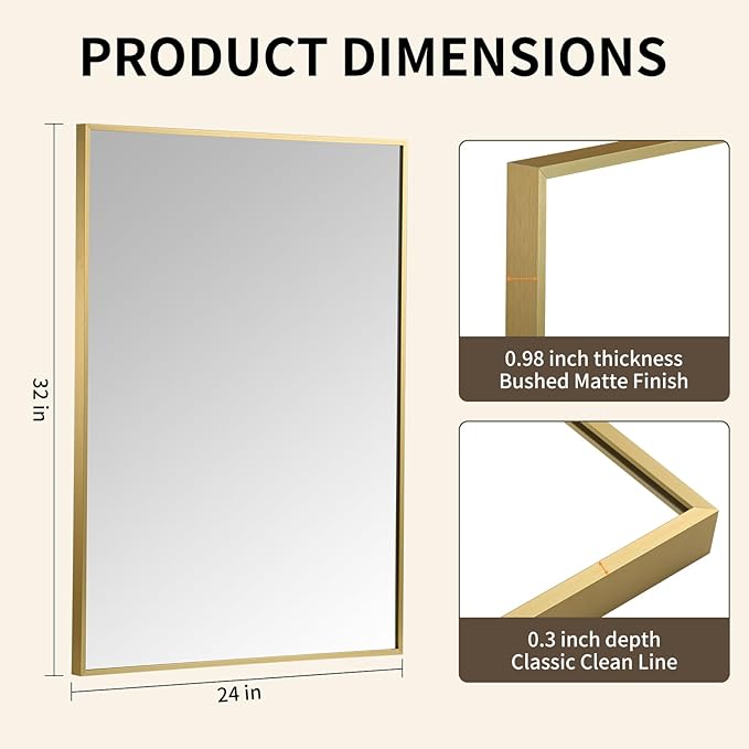 Brushed Gold Mirror, 24x32 Inch Aluminum Framed Rectangle Mirror, Anti-Rust, Tempered Glass, Square Corner Wall Mirror for Over Sink, Vanity, Bedroom, Entryway, Horizontal/Vertical