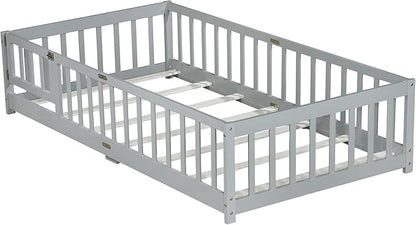 Bellemave Twin Floor Bed with Slats and Safety Guardrails, Kids Montessori Floor Beds with Fence and Door, Easy Assemble Floor Bed for Kids, Girls, Boys, Gray