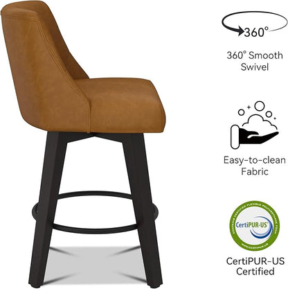 Bar Stools Set of 2, 26" H Counter Height Swivel Bar Stools, Upholstered Kitchen Island Counter Stools with Back and Solid Wood Legs, Faux Leather in Rustic Brown