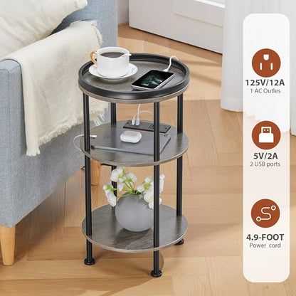 Small Round Side Table with Charging Station for Small Spaces, 3-Tier Accent Table with USB Ports & Power Outlets, Sofa Corner Tea Table for Living Room Nightstand Bedroom Apartment (Grey)