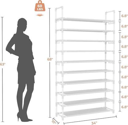 Tall Shoe Rack 10 Tier Shoe Organizer Large Shoe Shelf with 18 Hooks Storage for 50 Pair Sneaker and Boot, Stackable Vertical Shoe Rack Organizer for Closet, Entryway, Bedroom, White
