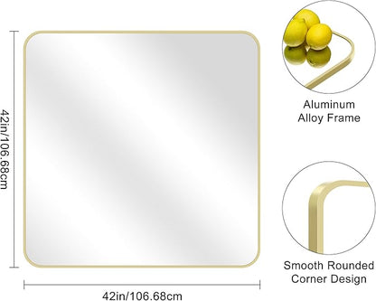 Gold Bathroom Mirror, 42x42 Inch Metal Framed Square Mirror, Rounded Corner Gold Vanity Mirror, Large Wall Mounted Mirrors for Living Room Bedroom Entryway Hangs Horizontal or Vertical