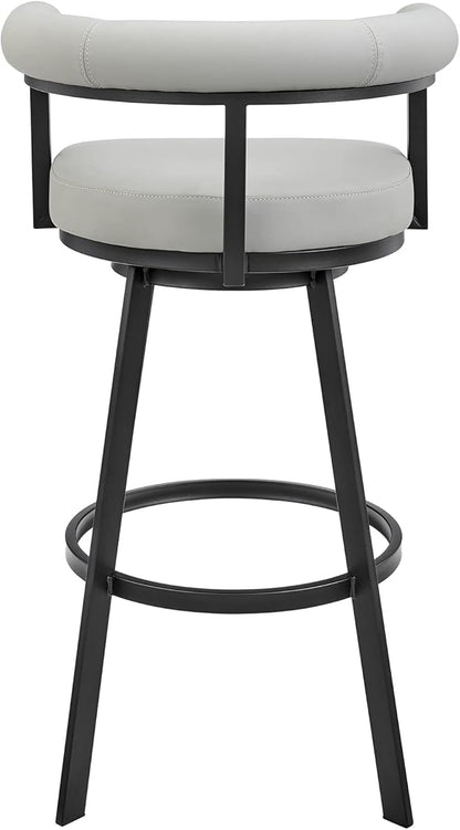 Armen Living Magnolia Swivel Counter Stool in Black Metal with Light Grey Faux Leather