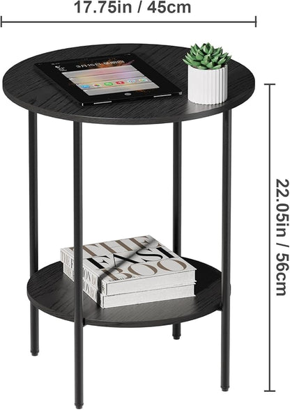 Side Table,Round End Table with 2 Storage Shelves| Compact Side Tables for Living Room, Couch, Office & Bedroom | Narrow Accent Table as Space-Saving Small Bedside Table 18x18x22in(Black)