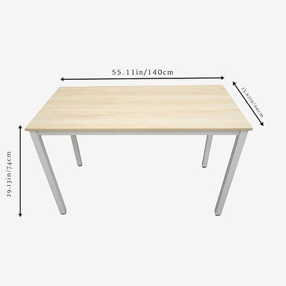 55 inch Large Computer Desk Wood, Modern Simple Style Desk for Home Office, Bedroom, Study Student Writing Desk, Small Spaces, White Metal Frame, Apple Wood Grain Top