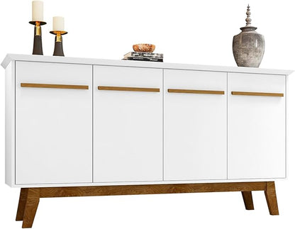 Manhattan Comfort Yonkers 63 Inch Buffet Sideboard with 2 Cabinets & Soft Close Doors, Storage Furniture with Stylish Beveled Top, Solid Wood Legs, White