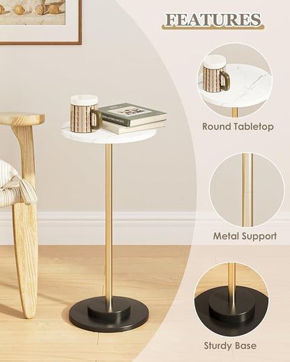 Round Side Table, Small Drink Table for Small Spaces, Modern Accent End Table Coffee Table with Metal Leg for Living Room, Bedroom, Corners, and Office (White Marble)