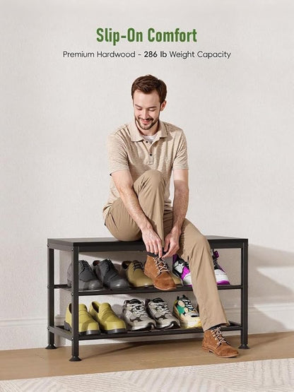 3-Tier Shoe Rack Bench - Entryway Organizer with Shoe Storage, Sturdy Shoe Shelf for Front Door, Small Space Saving Furniture, Black, Holds 286lbs,27.2" x 12.0" x 15.9"
