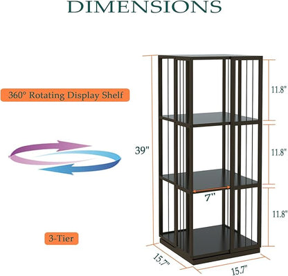 Square Rotating Bookshelf Tower - 360 Spinning Display Corner Bookcase for Narrow Space, Modern 3-Tier Revolving Storage Shelf, Black