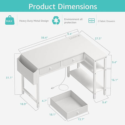 DLisiting Small White L Shaped Desk with Drawers & Storage Shelves, 40 Inch Corner Desk with Power Outlet for Small Space Home Office, Study Work PC Desks for Bedroom