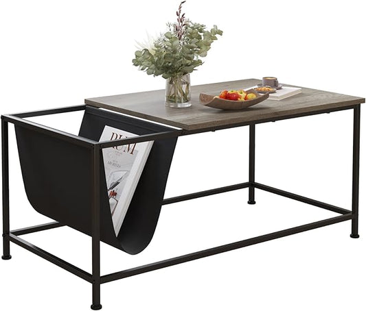 SENIG Grey Oak Rectangle Wood and Metal Coffee Table with Storage Shelf for Small Living Rooms with Pocket