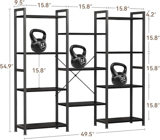 Casaottima Triple 4 Tier Bookshelf, Large Bookcase with 11 Open Display Shelves, Modern Industrial Book Shelves Book Case for Bedroom, Wide Standing Shelving Unit for Living Room Home Office, Black