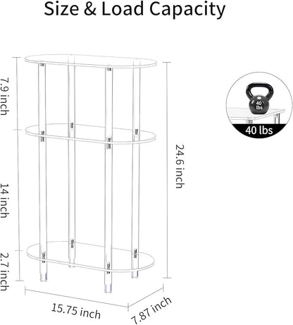 Clear Acrylic Narrow Side Table Set of 2 for Small Spaces, 15.75" L x 7.87" W x 24.6" H, 3 Tier Oval Slim End Table Nightstand, Small Skinny Bedside Table for Bedroom, Bathroom, Living Room
