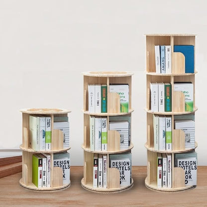 Heehee Rotating Wooden Bookshelf 360 Display 4 Tier Floor Standing Bookcase Storage Rack for Kids&Adults Solid Wood Bookshelf Organizer