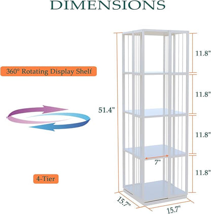 Square Rotating Bookshelf Tower - 360 Spinning Display Corner Bookcase for Narrow Space, Modern 4-Tier Revolving Storage Shelf, White