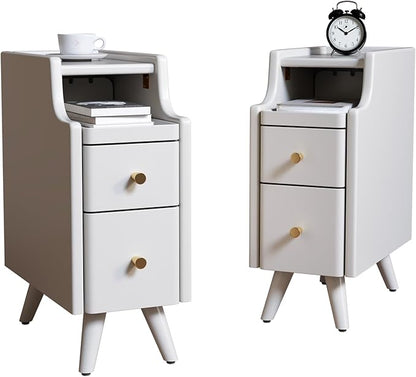 Narrow Nightstand with Drawers, Wood Bedside Table, Small White Nightstand Set of 2