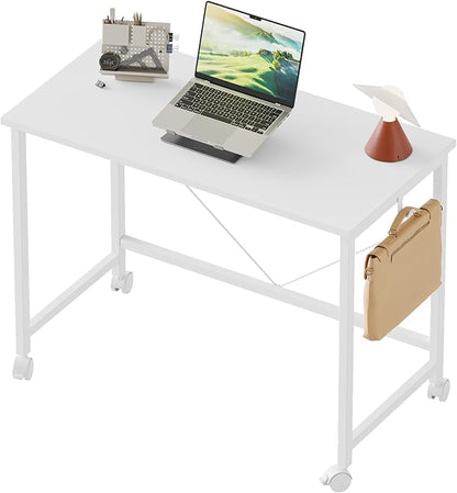 Rolling Computer Desk with Wheels, Gaming Desk for Small Spaces, Modern Simple Style Table for Home Office, Study Writing Table (Caster, White, 32 inch)